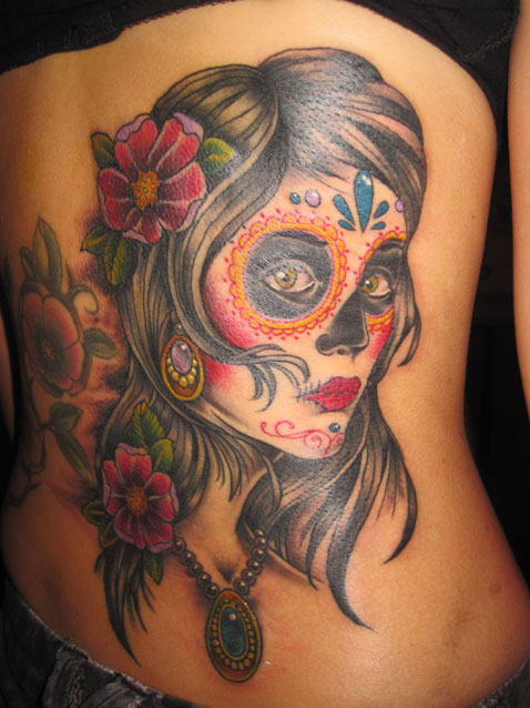 Skull Tattoo With Flowers. day of dead skull tattoo miami